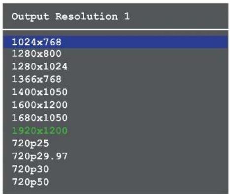 Output Resolution 1 1024x768 1280x800 1280x1024 1366x768 1400x1050 1600x1200 1680x1050 1920x1200 720p25 720p29.97 720p30 720p50