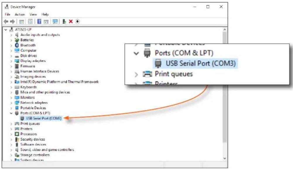 Device Manager File Action View Help AT0523-LP Audio inputs and outputs Batteries Bluetooth Computer Disk drives Display adapters Firmware Human Interface Devices Imaging devices Intel(R) Dynamic Platform and Thermal Framework Keyboards Mice and other pointing devices Monitors Network adapters Portable Devices Ports (COM & LPT) USB Serial Port (COM3) Print queues Printers Processors Security devices Software devices Sound, video and game controllers Storage controllers System devices Portable Devices Ports (COM & LPT) USB Serial Port (COM3) Print queues Printers Processors Security devices Software devices Sound, video and game controllers Storage controllers System devices