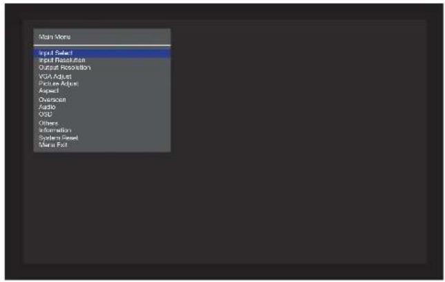 Main Menu Input Select Input Resolution Output Resolution VGA Adjust Event Adjust Aspect Overload Audio GND Others Information Systems Reset Menu Exit