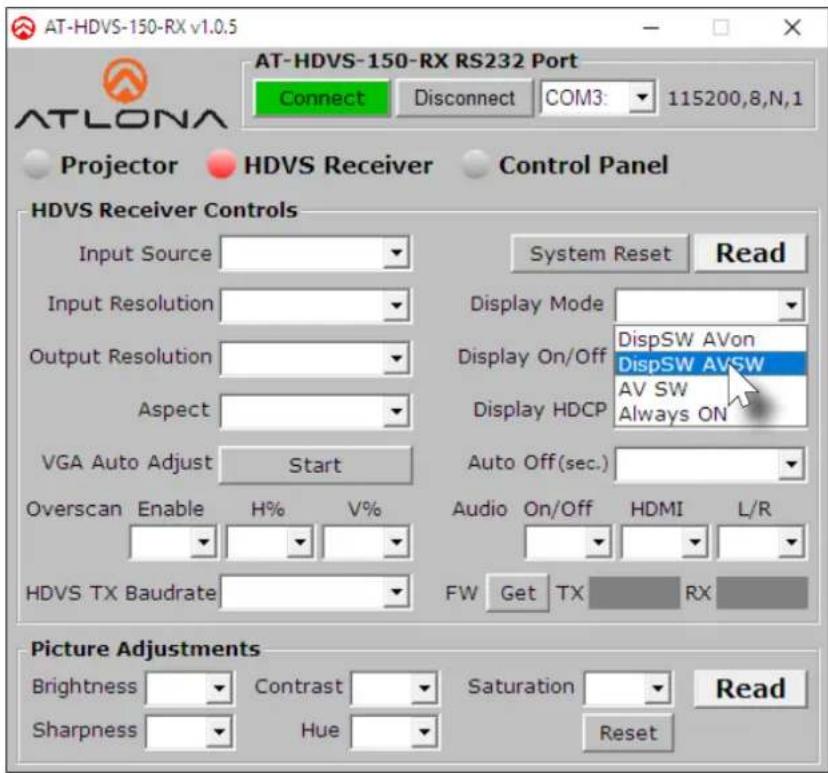 AT-HDVS-150-RX v1.0.5 AT-HDVS-150-RX RS232 Port Connect Disconnect COM3: 115200,8,N,1 Projector HDVS Receiver Control Panel HDVS Receiver Controls Input Source System Reset Read Input Resolution Display Mode Output Resolution DispSW AVon Aspect Display On/Off DispSW AVSW Display HDCP AV SW Always ON VGA Auto Adjust Start Auto Off(sec.) Overscan Enable H% V% Audio On/Off HDMI L/R HDVS TX Baudrate FW Get TX RX Picture Adjustments Brightness Contrast Saturation Read Sharpness Hue Reset