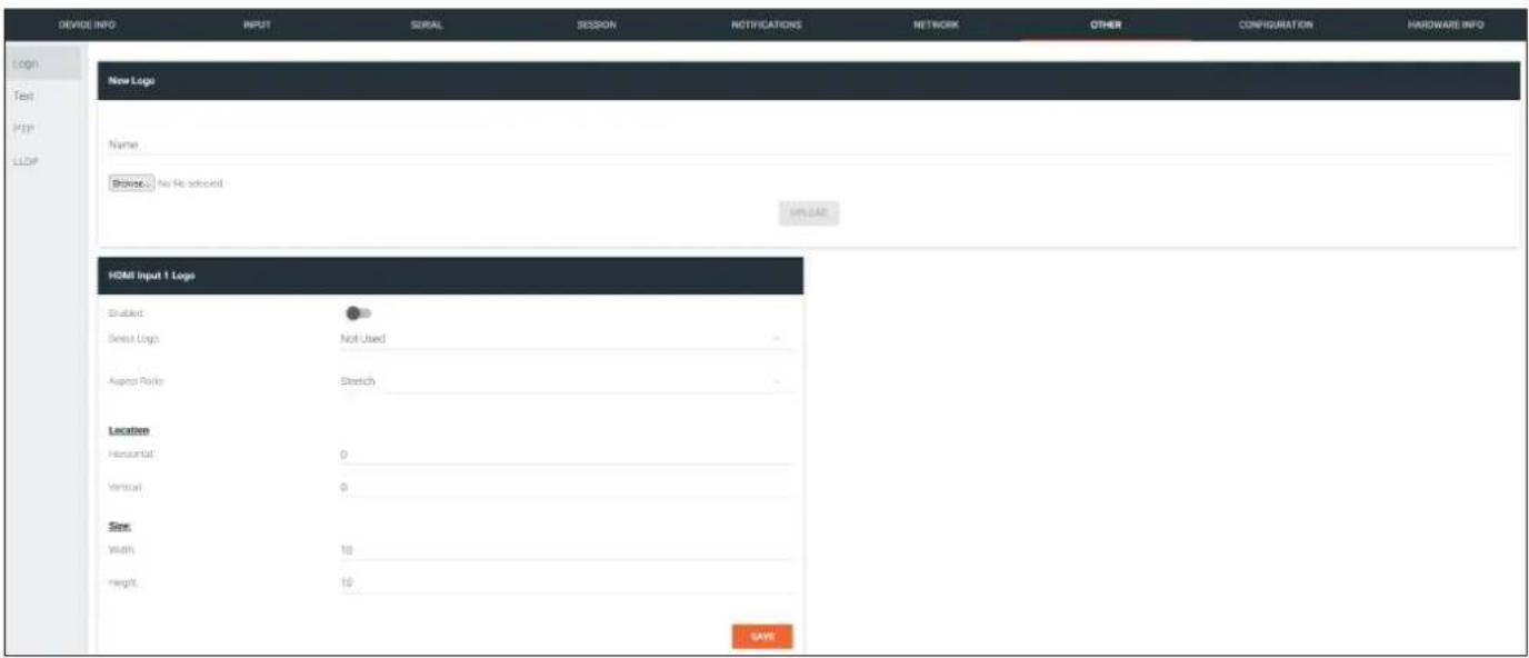 DEVICE INFO INPUT SERIAL SESSION NOTIFICATIONS NETWORK OTHER CONFIGURATION HARDWARE INFO LOGI Text PHP LOOP New Logo Name Browse: No Re selected HDMI Input 1 Logo Enabled ● Yes Select Logo Not Used Aspect Role Stretch Location Horizontal 0 Vertical 0 Size Width 10 Height 10 SAVE