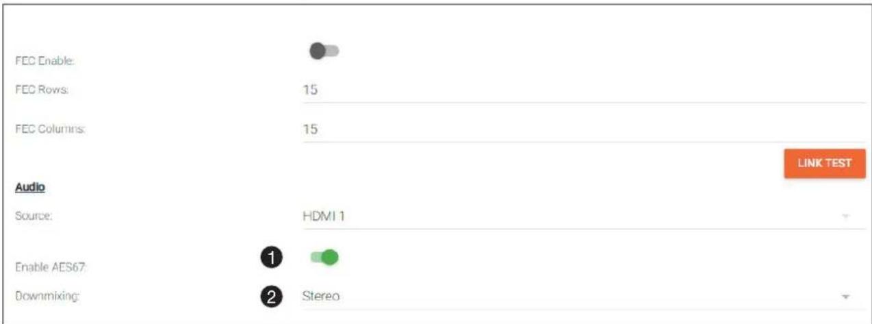 FEC Enable: FEC Rows: 15 FEC Columns: 15 Audio Source: HDMI 1 Enable AES67 ① Downmixing: ② Stereo LINK TEST