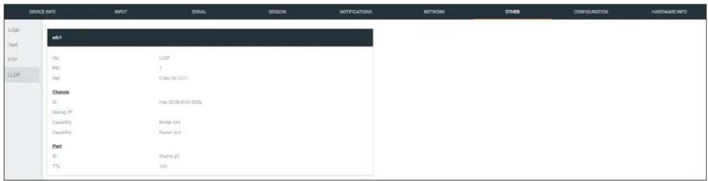 DEVICE INFO INPUT SERIAL SESSION NOTIFICATIONS NETWORK OTHER CONFIGURATION HARDWARE INFO LogS Test PTP LLDP vth1 Vie LLDP RD 1 Age 0 days 06:12:1 Chems IC mac 0038 mfsd1.358a Monag IP Capability Bridge on Capability Router (or) Part IC Volume gf TTL 120