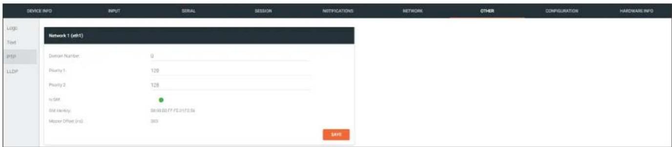 DEVICE INFO INPUT SERIAL SESSION NOTIFICATIONS NETWORK OTHER CONFIGURATION HARDWARE INFO LOGS Text PHP LLDP Network 1 (eht) Devon Number: 0 Priority 1: 128 Priority 2: 128 to GM 6M Banking: 59:50:00 F7 F2 D173.54 Master Offset (ind): 303 SAVE