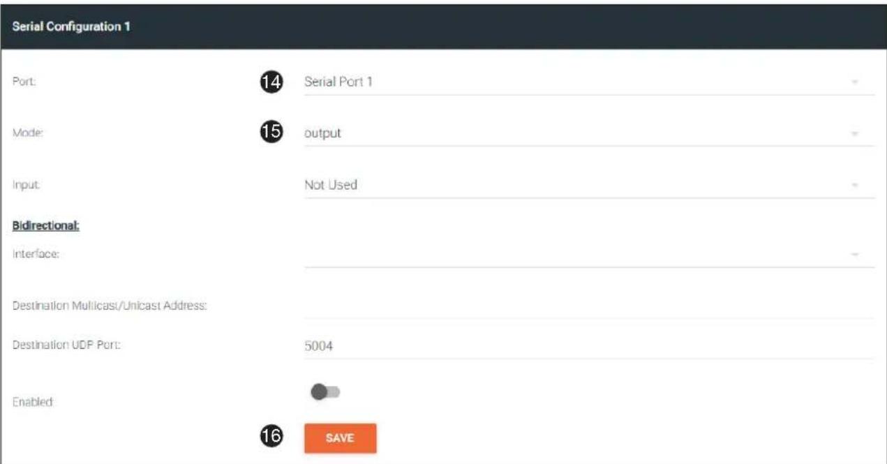 Serial Configuration 1 Port: 14 Serial Port 1 Mode: 15 output Input: Not Used Bidirectional: Interface: Destination Multicast/Unicast Address: Destination UDP Port: 5004 Enabled: SAVE