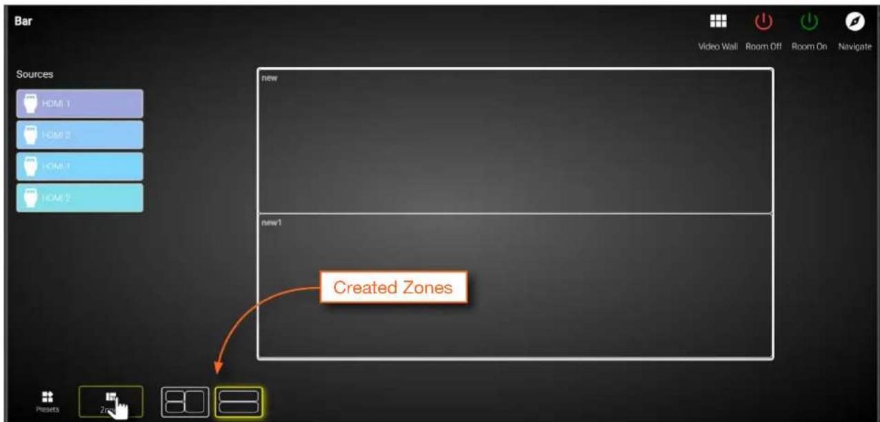 Bar Video Wall Room Off Room On Navigate Sources HOM1 1 HOM2 2 HOM3 1 HOM4 2 new new1 Created Zones Preset Zm 80 8