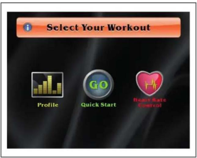 i Select Your Workout Profile GO Quick Start Heart Rate Control