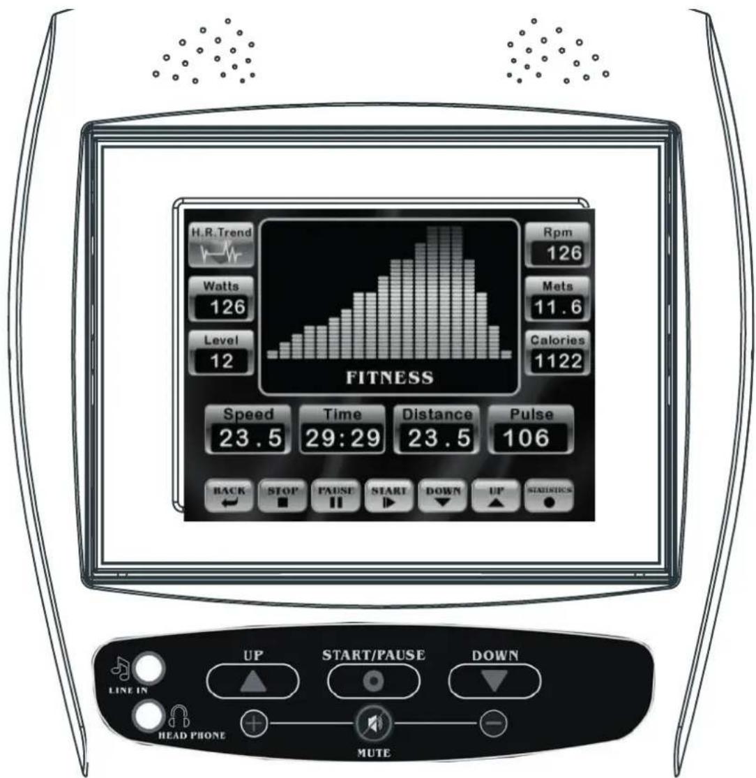 H.R.Trend Watts 126 Level 12 Rpm 126 Mets 11.6 Calories 1122 FITNESS Speed 23.5 Time 29:29 Distance 23.5 Pulse 106 BACK STOP FAUSE START DOWN UP STATISTICS LINE IN UP START/PAUSE DOWN HEAD PHONE MUTE