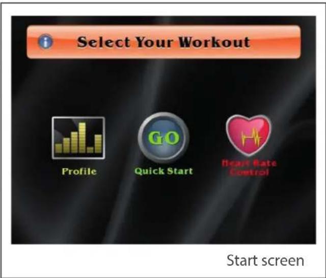 Select Your Workout Profile GO Quick Start Heart Rate Control Start screen