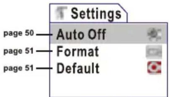 Settings page 50 — Auto Off page 51 — Format page 51 — Default