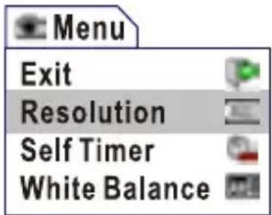Menu Exit Resolution Self Timer White Balance