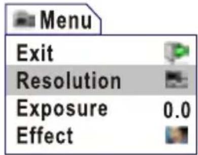Menu Exit Resolution Exposure 0.0 Effect