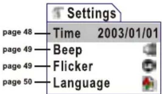 Settings page 48 — Time 2003/01/01 page 49 — Beep page 49 — Flicker page 50 — Language