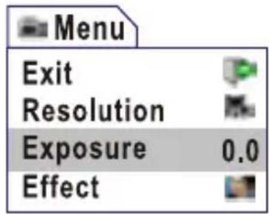 Menu Exit Resolution Exposure 0.0 Effect