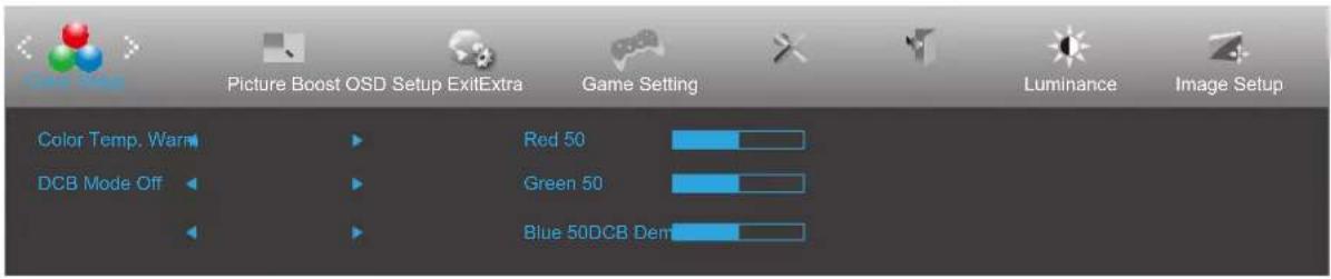 Picture Boost OSD Setup ExitExtra Game Setting Luminance Image Setup Color Temp. Warm DCB Mode Off Red 50 Green 50 Blue 50DCB Dem