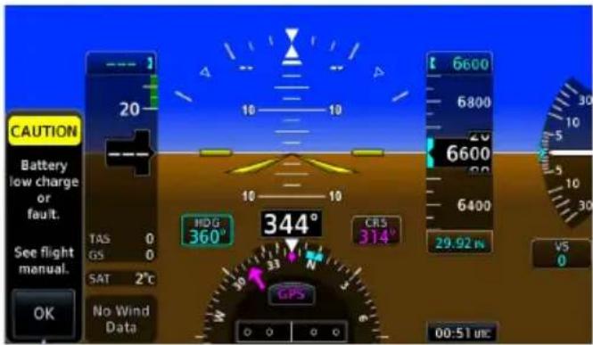CAUTION Battery low charge or fault. See flight manual. OK No Wind Data TAS 0 GS 0 SAT 2°C HDG 360° 344° CRS 314° GPS 6600 6800 6600 6400 29.92 in 05 0 00:51 uic