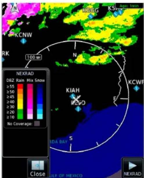 N KCNW 100 km NEXRAD DBZ Rain Mix Snow ≥55 ≥50 ≥45 ≥40 ≥30 ≥20 ≥10 No Coverage: KIAH E S KCWF Close JULF OF MEXICO NEXRAD