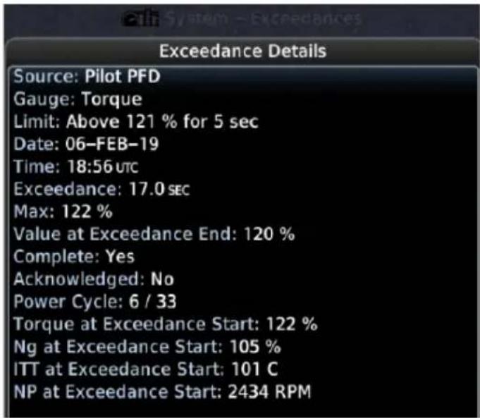 Exceedance Details Source: Pilot PFD Gauge: Torque Limit: Above 121 % for 5 sec Date: 06-FEB-19 Time: 18:56 UTC Exceedance: 17.0 sec Max: 122 % Value at Exceedance End: 120 % Complete: Yes Acknowledged: No Power Cycle: 6 / 33 Torque at Exceedance Start: 122 % Ng at Exceedance Start: 105 % ITT at Exceedance Start: 101 C NP at Exceedance Start: 2434 RPM
