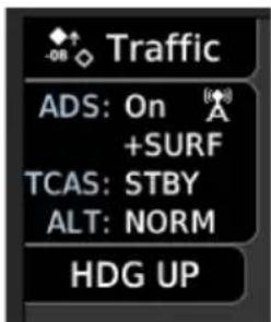 Traffic ADS: On +SURF TCAS: STBY ALT: NORM HDG UP
