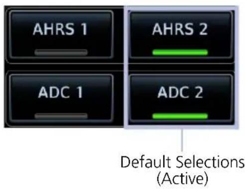 AHRS 1 AHRS 2 ADC 1 ADC 2 Default Selections (Active)