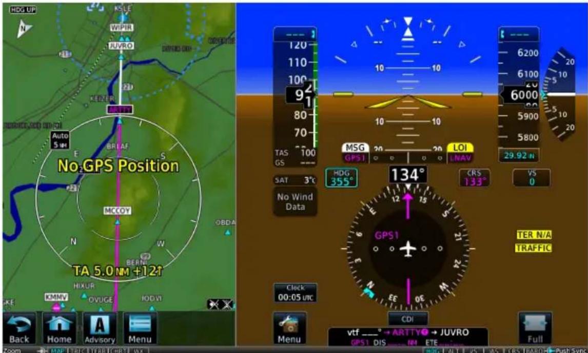HDG UP KS LE VPIR JUVRO 20 KELZER ARTYS Auto 5 m E BRIAF S MCCOY N W BERN HIXUR KMMV OVUGE IODVI Back Home Advisory Menu No GPS Position TA 5.0 NM +12T 120 110 100 92 80 70 100 100 100 100 100 100 100 100 100 100 100 100 100 100 100 100 100 100 100 100 100 100 100 100 100 134° GPS1 133° SER N/A TRAFFIC DAT 3°C MSG GPS1 20 20 LOI LNAV 29.92 n HDG 355° No Wind Data Clock 00:05 urc CDI vtf _° → ARTTY→ JUVRO GPS1 DIS _ NM ETE Full