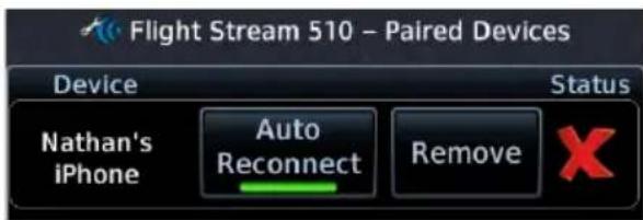 Flight Stream 510 - Paired Devices Device Status Nathan's iPhone Auto Reconnect Remove X