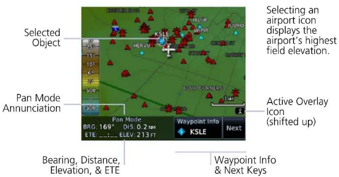 Selected Object Pan Mode Annunciation Bearing, Distance, Elevation, & ETE Selecting an airport icon displays the airport's highest field elevation. Active Overlay Icon (shifted up) Waypoint Info KSLE Next KBG: 169° DIS: 0.2 NM ETE: : : ELEV: 213 FT KSLE JUVRO WIPIR HERVU FOUR CORNERS 1 NM