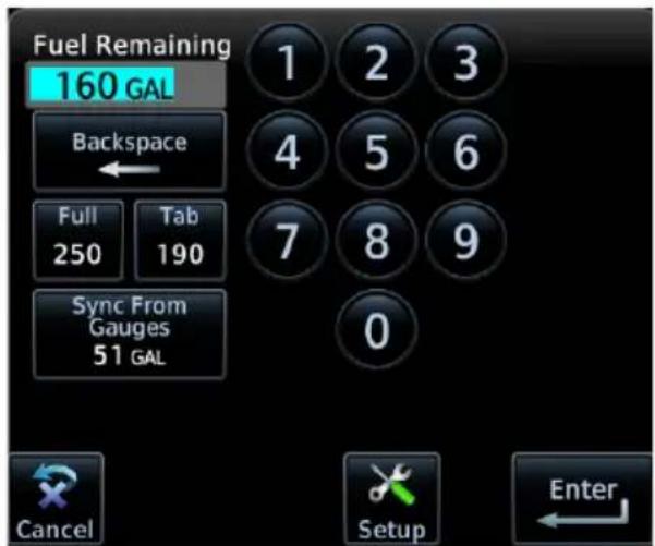 Fuel Remaining 160 GAL Backspace Full Tab 250 190 Sync From Gauges 51 GAL 1 2 3 4 5 6 7 8 9 0 Cancel Setup Enter