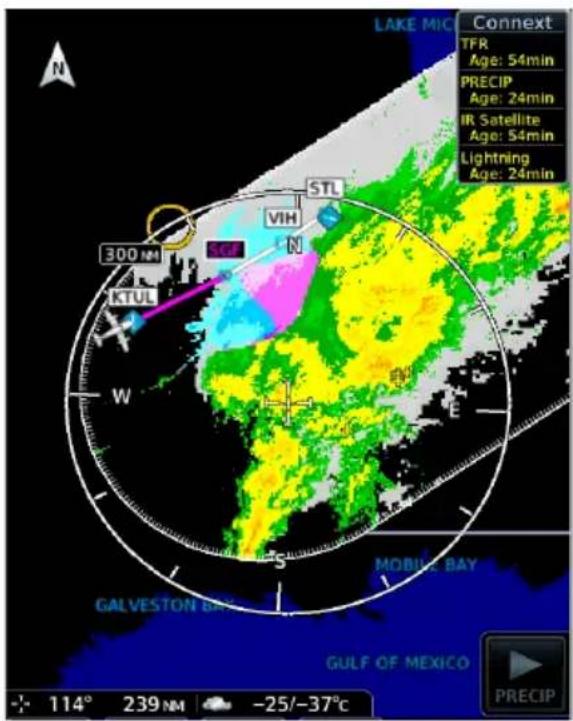 Lake Mic N 300 NM KTUL W STL VIH N COF S MOBILE BAY GALVESTON BAY Connect TFR Age: 54min PRECIP Age: 24min IR Satellite Age: 54min Lightning Age: 24min GULF OF MEXICO P RECIP + 114° 239 NM -25/-37°C