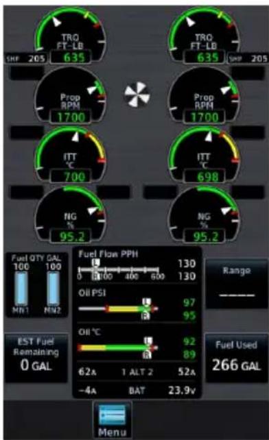 TRO FT-LB 635 TRO FT-LB 635 Prop RPM 1700 Prop RPM 1700 ITT C 700 ITT C 698 NG % 95.2 NG % 95.2 Fuel QTY GAL 100 100 Fuel Flow PPH 130 0 100 400 600 130 Oil PSI 97 95 Oil °C 92 89 EST Fuel Remaining 0 GAL 62A 1 ALT 2 52A -4A BAT 23.9v Menu Rango ——— Fuel Used 266 GAL