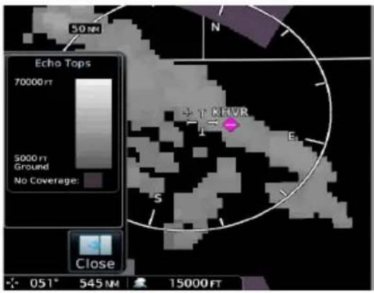 50 NM Echo Tops 70000 ft 5000 ft Ground No Coverage: + T NRVR T E S Close 051° 545 NM 15000 FT
