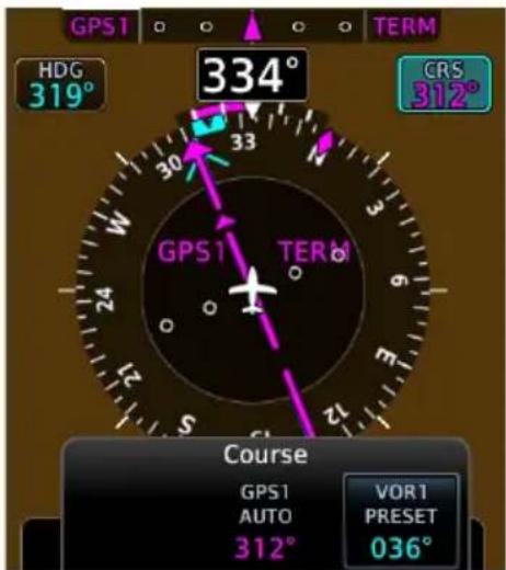 GPS1 334° HDG 319° 30 33 CRS 312° GPS1 TERM Course GPS1 AUTO 312° VOR1 PRESET 036°