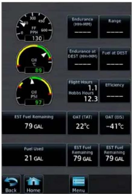 300 430 FF PPH 130 Endurance (HH+MM) Range ——— ——— Endurance at DEST (HH+MM) ——— Fuel at DEST ——— ——— 89 Oil PSI 97 Flight Hours 1.1 Hobbs Hours 12.3 Efficiency ——— EST Fuel Remaining 79 GAL OAT (TAT) 22°C OAT (EIS) -41°C Fuel Used 21 GAL EST Fuel Remaining 79 GAL EST Fuel Remaining 79 GAL Back Home Menu