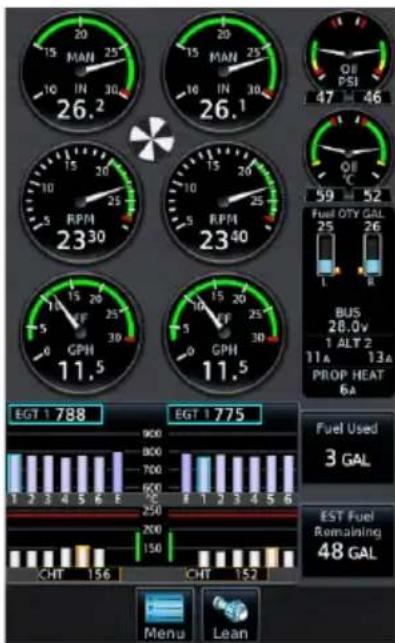 MAN IN 26.2 MAN IN 26.1 RPM 23 30 GPH 11.5 EQT 1 788 EGT 1 775 Fuel Used 3 GAL EST Fuel Remaining 48 GAL Menu Lean
