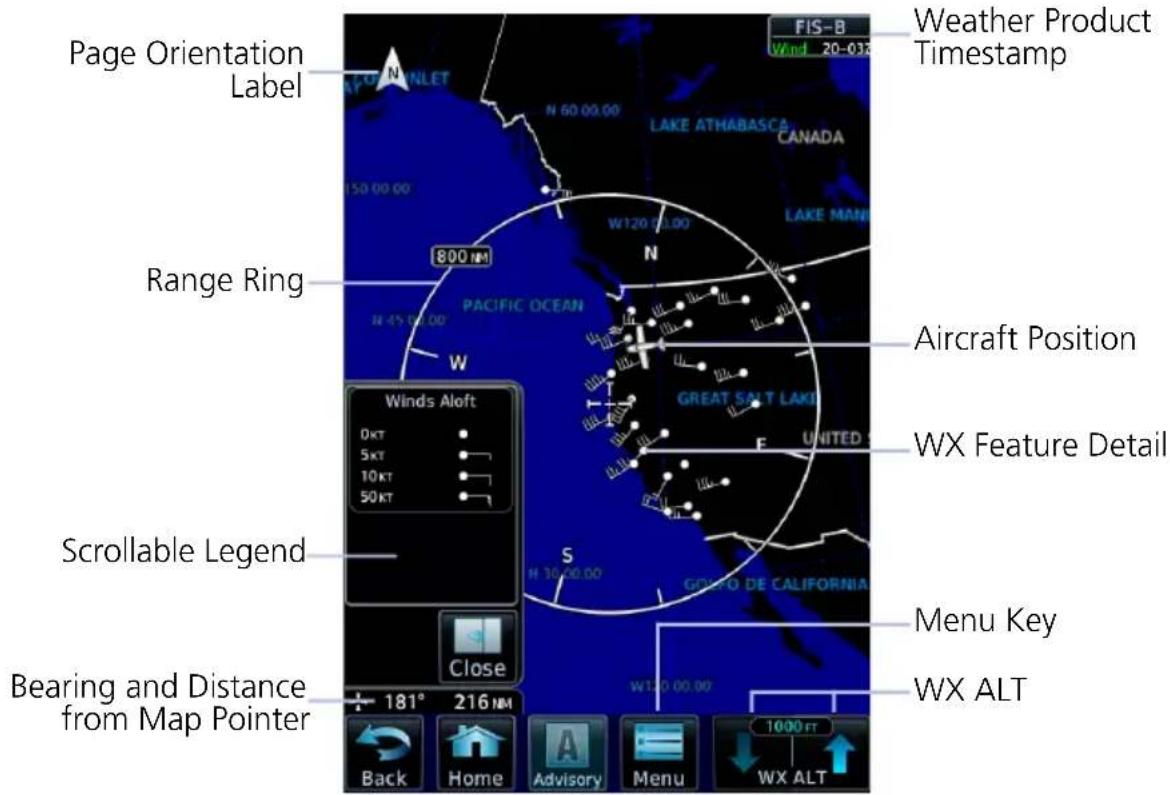 Page Orientation Label N W120 00.00 800 N N 60 00.00 LAKE ATHABASCA CANADA Range Ring PACIFIC OCEAN W Aircraft Position WIX Feature Detail Scrollable Legend S GOGO DE CALIFORNIA Menu Key Bearing and Distance from Map Pointer Close 181° 216 N Back Home Advisory Menu 1000 FT WX ALT FIS-B Wind 20-03 Weather Product Timestamp