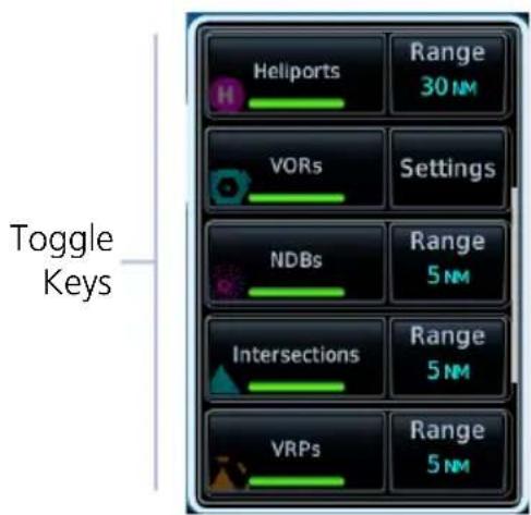 Toggle Keys Heliports Range 30 nm VORs Settings NDBs Range 5 nm Intersections Range 5 nm VRPs Range 5 nm