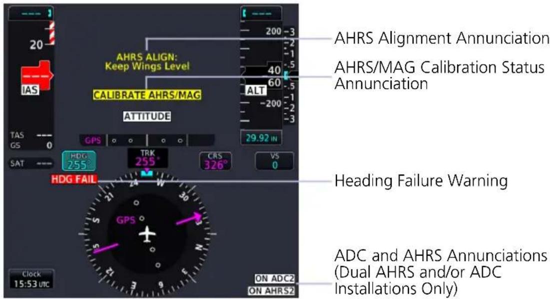 AHRS ALIGN: Keep Wings Level CALIBRATE AHRS/MAG ATTITUDE TAS GS 0 SAT --- GPS HDG 255° TRK 255° CRS 326° V5 0 HDG FAIL GPS Heading Failure Warning ADC and AHRS Annunciations (Dual AHRS and/or ADC Installations Only) Clock 15:53 utc ON ADC2 ON AHRS2 200 -3 -1 -5 -1 -3 -1 -5 -1 -3 -1 -5 -1 -3 -1 -5 -1 -3 -1 -5 -1 -3 -1 -5 -1 -3 -1 -5 -1 -3 -1 -5 -1 -3 -1 -5 -1 -3 -200 -3 40 -5 60 -7 ALT -8 29.92 IN