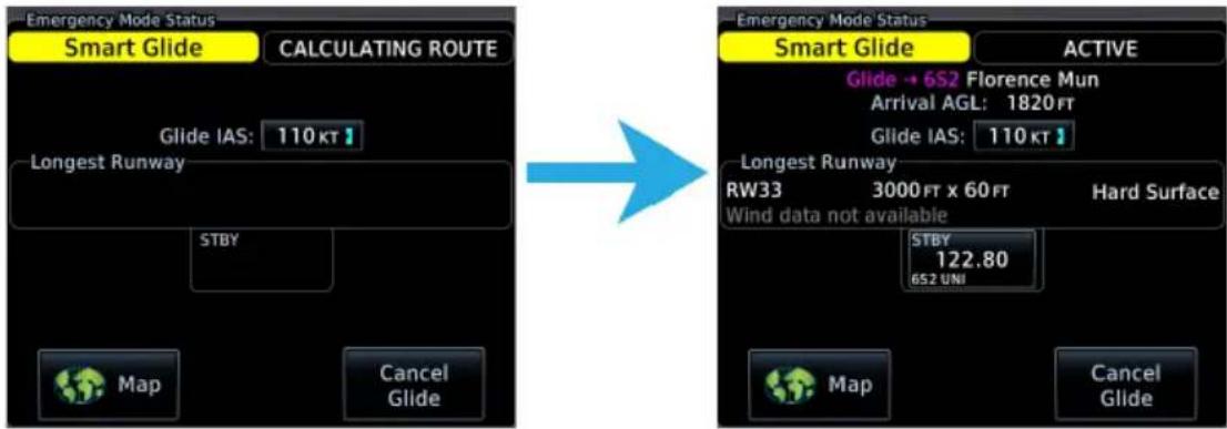 Emergency Mode Status Smart Glide CALCULATING ROUTE Glide IAS: 110 KT Longest Runway STBY Map Cancel Glide Emergency Mode Status Smart Glide ACTIVE Glide → 6S2 Florence Mun Arrival AGL: 1820 FT Glide IAS: 110 KT Longest Runway RW33 3000 FT x 60 FT Hard Surface Wind data not available STBY 122.80 6S2 UNI Map Cancel Glide