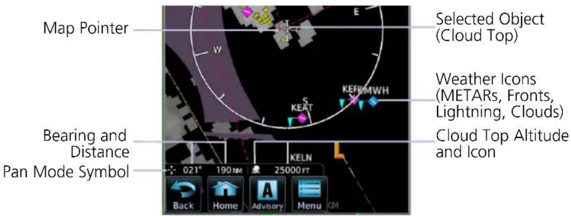 Map Pointer Selected Object (Cloud Top) Weather Icons (METARs, Fronts, Lightning, Clouds) Cloud Top Altitude and Icon Bearing and Distance Pan Mode Symbol 021° 190 NM 25000 FT Back Home Advisory Menu KM