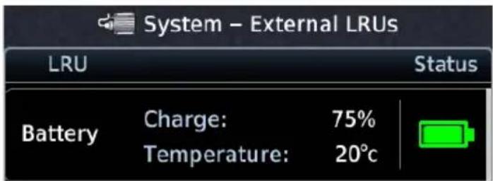 System - External LRUs LRU Status Battery Charge: 75% Temperature: 20°C