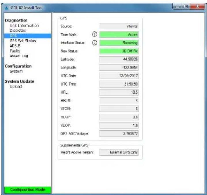 GDL 82 Install Tool Diagnostics Unit Information Discretes GPS GPS Sat Status ADS-B Faults Assert Log Configuration System System Update Upload GPS Source: Internal Time Mark: Active Interface Status: Receiving Nav Status: 3D Diff Fix Latitude: 44.90926 Longitude: -122.9954 UTC Date: 12/09/2017 UTC Time: 21:50:50 HPL: 10.5 HFOM: 4 VFOM: 6 HDOP: 0.8 VDOP: 1.6 GPS AGC Voltage: 2.763572 Supplemental GPS Height Above Tenran: External GPS Only Configuration Mode