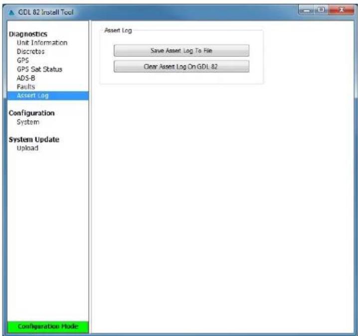 CDL 82 Install Tool Diagnostics Unit Information Discretos GPS GPS Sat Status ADS-B Faults Assert Log Configuration System System Update Upload Configuration Mode Asset Log Save Asset Log To File Clear Asset Log On CDL 82