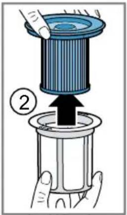 Diagram showing a hand using a tool to press down a cylindrical component, labeled with number 2 and an arrow indicating upward motion.