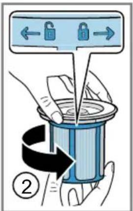 Illustration showing a hand holding a blue plastic container with lock icons and directional arrows, labeled with number 2.