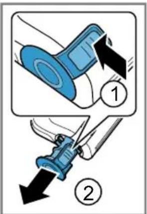 Diagram illustrating two-step instructions for using a blue tool to adjust or remove a knife, labeled with arrows and numbered steps.