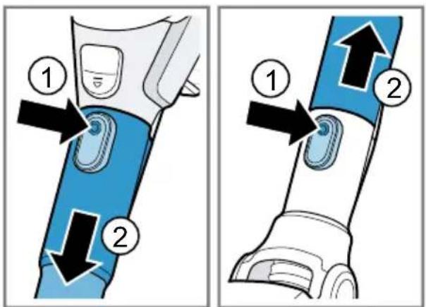 Diagram showing two-step instructions for using a device, labeled with numbered arrows and directional arrows indicating movement.
