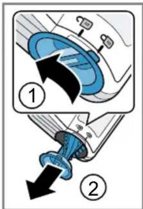 Diagram illustrating two steps of a blue mechanical component being inserted, labeled with numbered instructions.