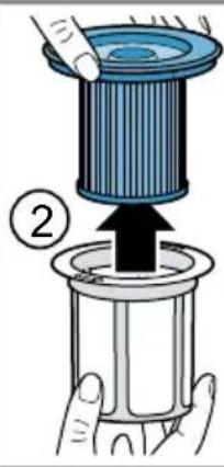 Diagram showing a hand pressing down a cylindrical component with label ② indicating step 2