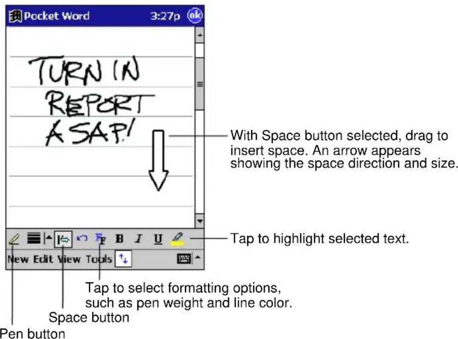 TURN IN REPORT ASAP! With Space button selected, drag to insert space. An arrow appears showing the space direction and size. Tap to highlight selected text. New Edit View Tools Tap to select formatting options, such as pen weight and line color. Space button Pen button