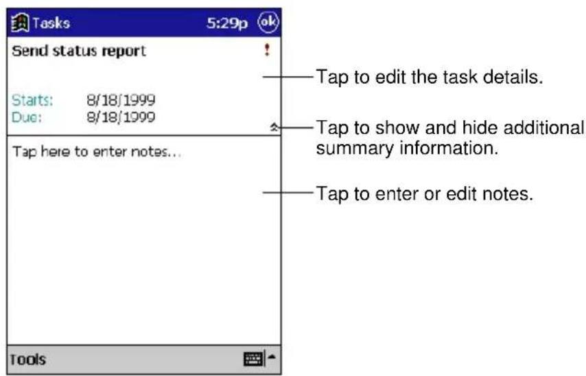 Tasks 5:29p ok Send status report Starts: 8/18/1999 Due: 8/18/1999 Tap here to enter notes... Tap to edit the task details. Tap to show and hide additional summary information. Tap to enter or edit notes. Tools